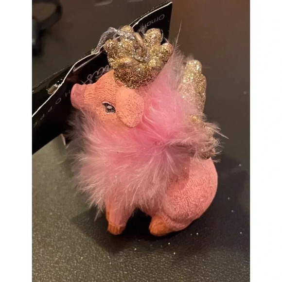Pink Glitter‎ Pig Princess Queen Christmas Ornament Boa Gold Crown Wings NEW - Picture 4 of 5